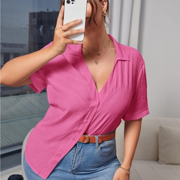 MakeMeChic Women's Plus Size Casual Solid Short Sleeve V Neck Button Down Shirt - Picture 2 of 6